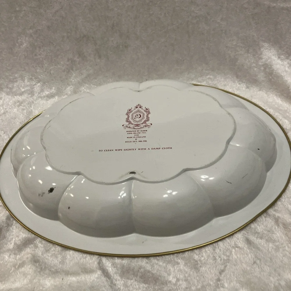 Daher Decorated Ware Tin Bowl Large Oval 13” Gold Floral Scenic 1971 England VTG